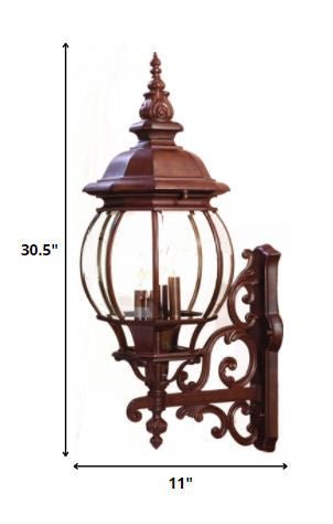 Chateau 4-Bulb Burled Walnut Outdoor Wall Lantern with Scrollwork and Beveled Glass shown with dimensions of 30 point 5 inches high by 11 inches wide