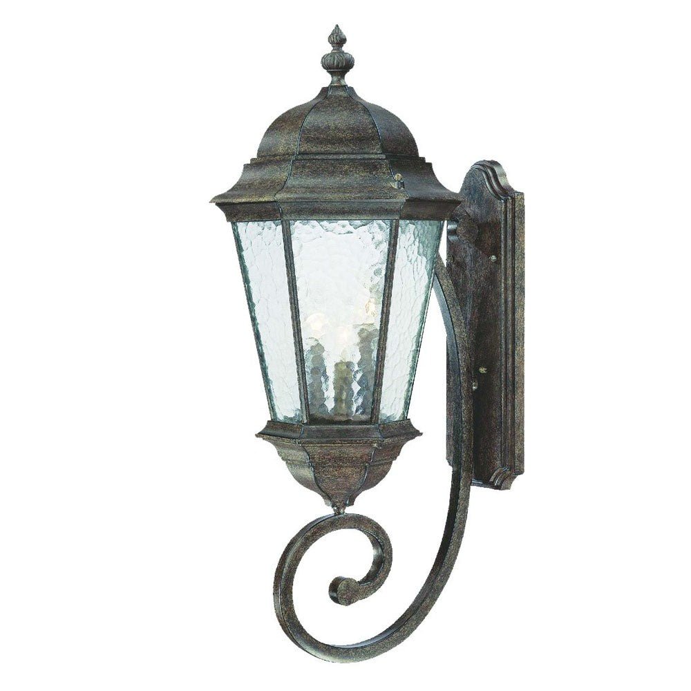 Front right angle view of the Telfair 3-Bulb Black Coral Outdoor Wall Lantern with Hammered Glass and Traditional Scroll Arm