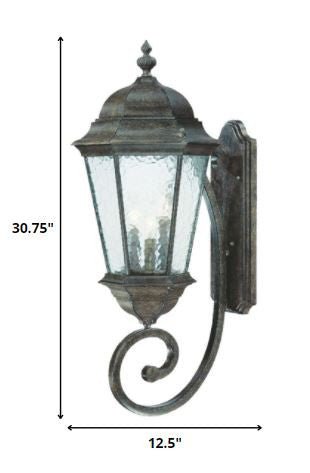 Telfair 3-Bulb Black Coral Outdoor Wall Lantern with Hammered Glass and Traditional Scroll Arm shown with dimensions of 30 point 75 inches high by 12 point 5 inches wide