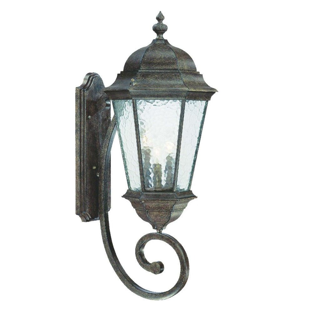 Front left angle view of the Telfair 3-Bulb Black Coral Outdoor Wall Lantern with Hammered Glass and Traditional Scroll Arm