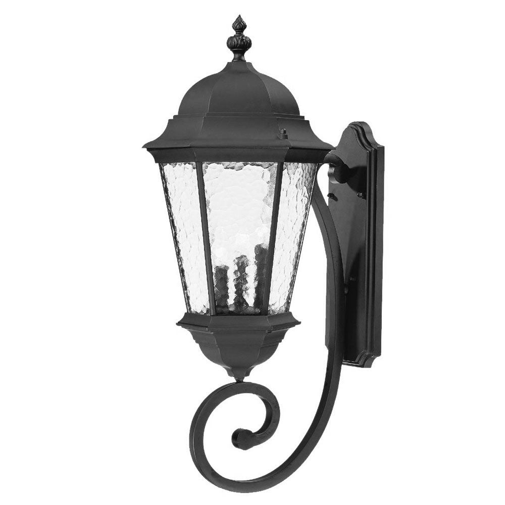 Front right angle view of the Telfair 3-Bulb Matte Black Outdoor Wall Lantern with Hammered Glass and Traditional Design