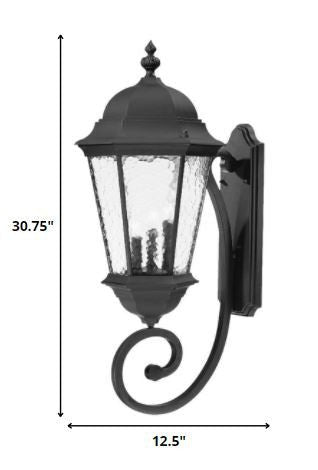Telfair 3-Bulb Matte Black Outdoor Wall Lantern with Hammered Glass and Traditional Design shown with dimensions of 30 point 75 inches high by 12 point 5 inches wide