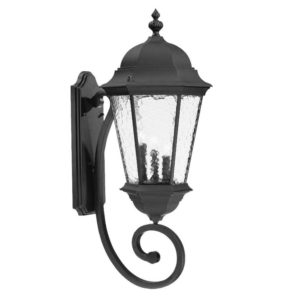 Front left angle view of the Telfair 3-Bulb Matte Black Outdoor Wall Lantern with Hammered Glass and Traditional Design