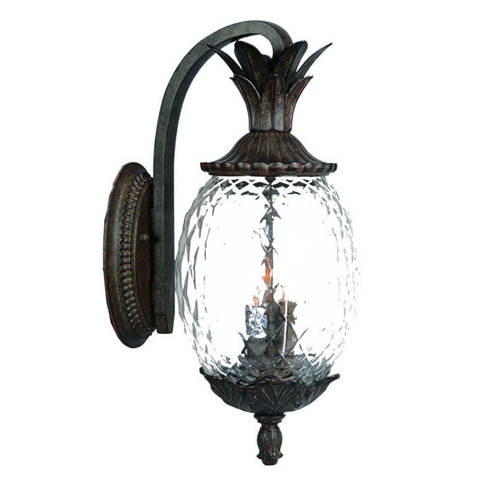 Front left angle view of the lighted Lanai 3-Bulb Black Coral Outdoor Wall Lantern with Pineapple Design and Textured Glass