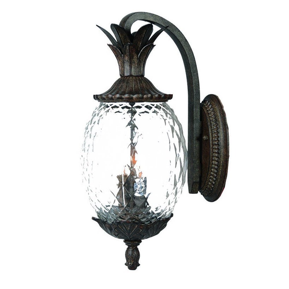 Front right angle view of the lighted Lanai 3-Bulb Black Coral Outdoor Wall Lantern with Pineapple Design and Textured Glass