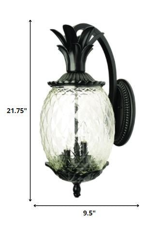 Lanai 3-Bulb Matte Black Outdoor Wall Lantern with Pineapple Design and Textured Glass shown with dimensions of 21 point 75 inches high by 9 point 5 inches wide