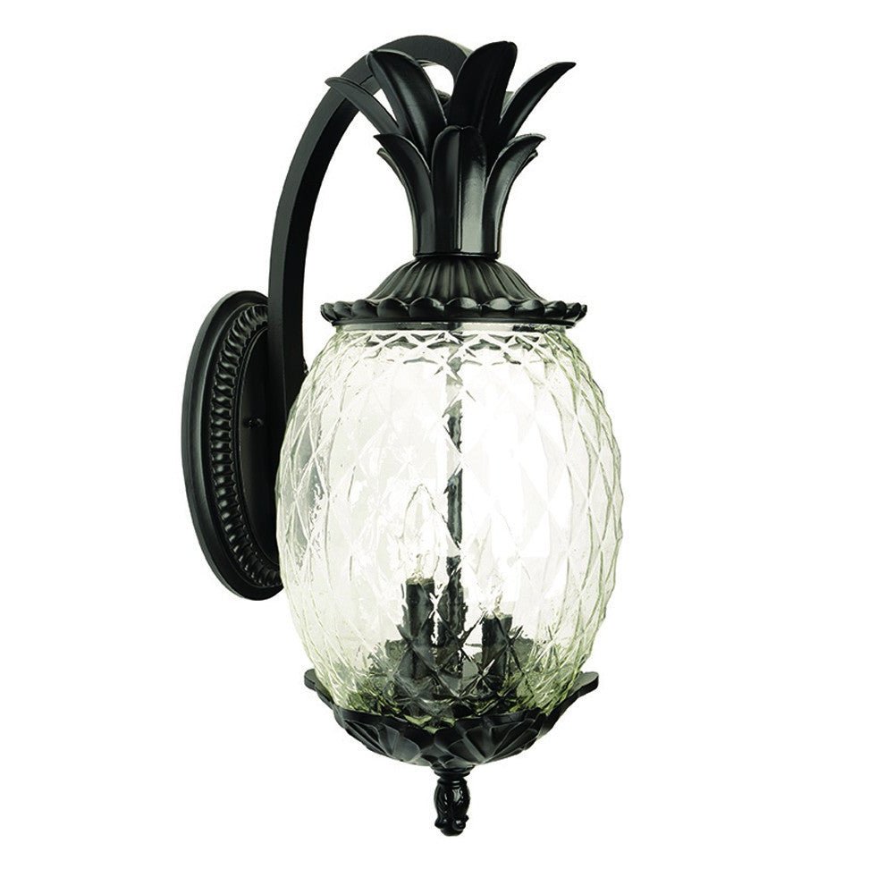 Front left angle view of the Lanai 3-Bulb Matte Black Outdoor Wall Lantern with Pineapple Design and Textured Glass