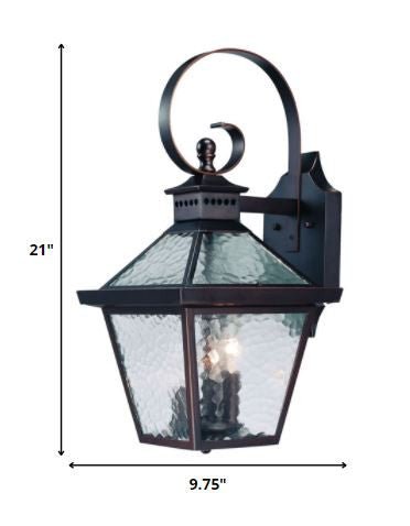 Bay Street Triple-Light Architectural Bronze Outdoor Wall Lantern with Hammered Glass shown with dimensions of 21 inches high by 9 point 75 inches wide
