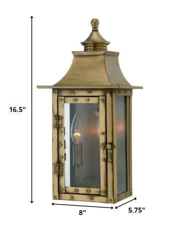 St. Charles 2-Bulb Aged Brass Colonial Outdoor Wall Lantern Light shown with dimensions of 16 point 5 inches high by 8 inches wide by 5 point 75 inches deep