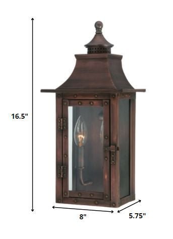 St. Charles 2-Bulb Copper Patina Colonial Outdoor Wall Lantern Light shown with dimensions of 16 point 5 inches high by 8 inches wide by 5 point 75 inches deep