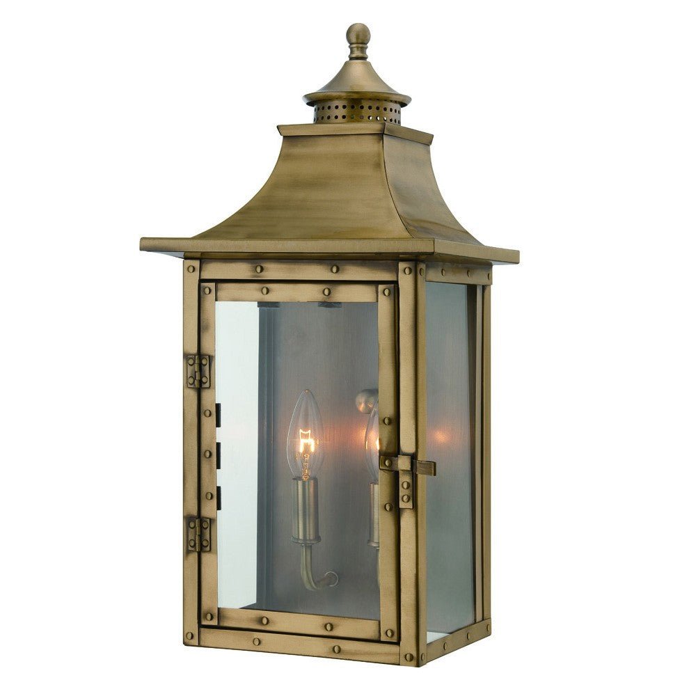 Front right angle view of the lighted St. Charles 2-Bulb Aged Brass Colonial Outdoor Wall Lantern Light 10x20