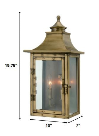 St. Charles 2-Bulb Aged Brass Colonial Outdoor Wall Lantern Light shown with dimensions of 19 point 75 inches high by 10 inches wide by 7 inches deep