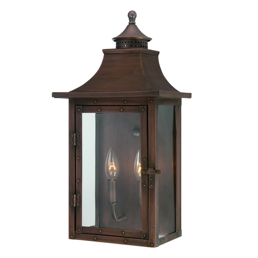 Front right angle view of the lighted St. Charles 2-Bulb Copper Patina Colonial Outdoor Wall Lantern Light 10x20