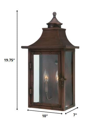 St. Charles 2-Bulb Copper Patina Colonial Outdoor Wall Lantern Light shown with dimensions of 19 point 75 inches high by 10 inches wide by 7 inches deep
