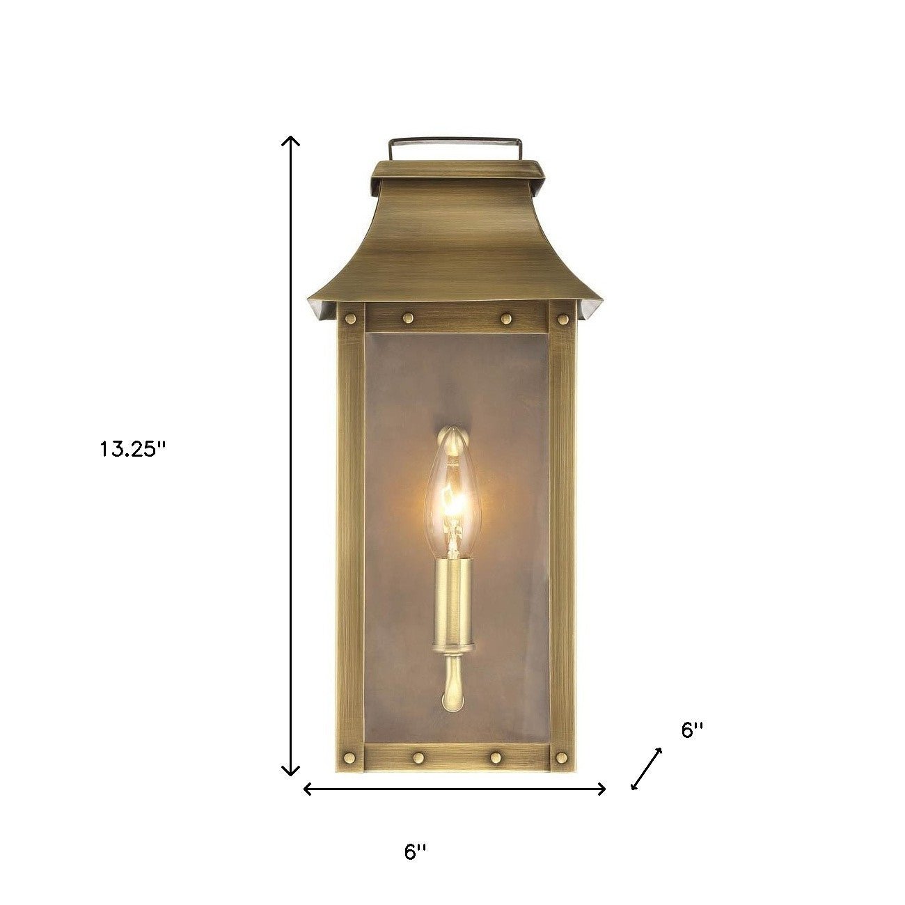 Manchester 1-Bulb Aged Brass Pocket Wall Light with clear glass and solid brass frame – outdoor lantern style wall sconce shown with dimensions of 13 point 25 inches high by 6 inches wide by 6 inches deep