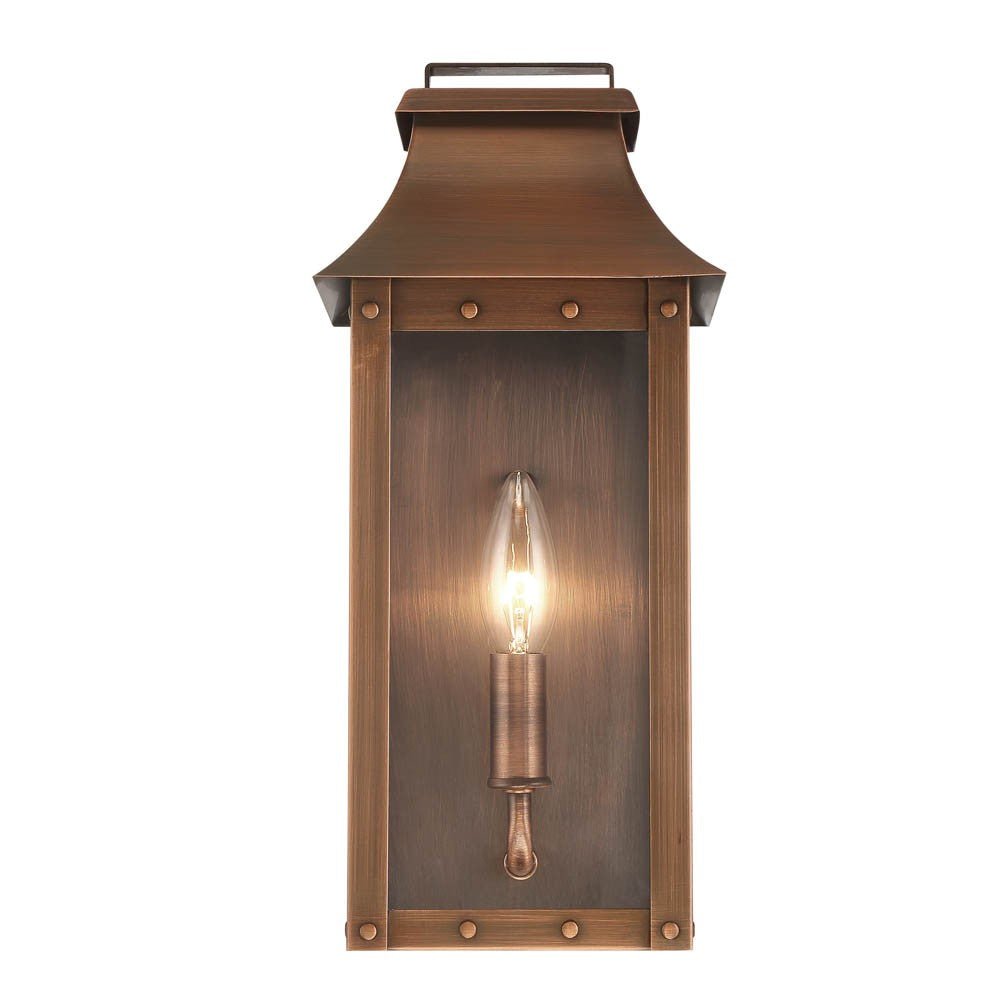 Front view of the lighted Manchester 1-Bulb Copper Patina Pocket Wall Lantern – Rustic Outdoor Copper Lighting Fixture