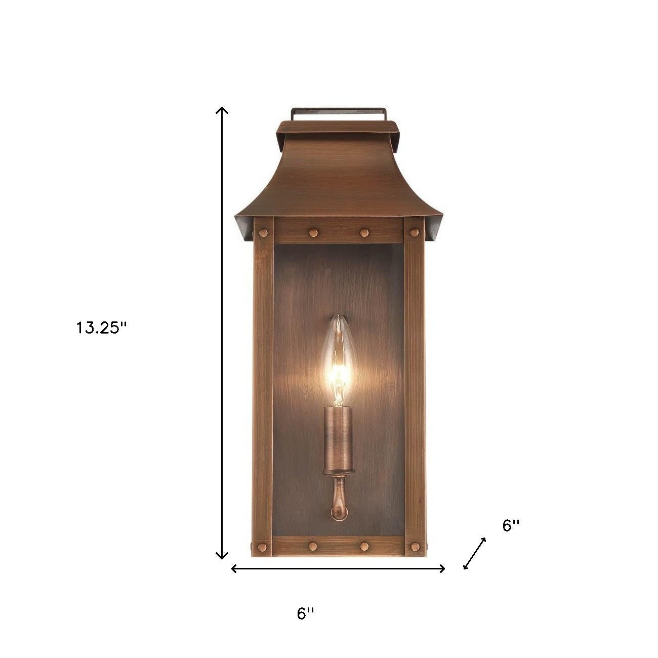 Manchester 1-Bulb Copper Patina Pocket Wall Lantern – Rustic Outdoor Copper Lighting Fixture shown with dimensions of 13 point 25 inches high by 6 inches wide by 6 inches deep