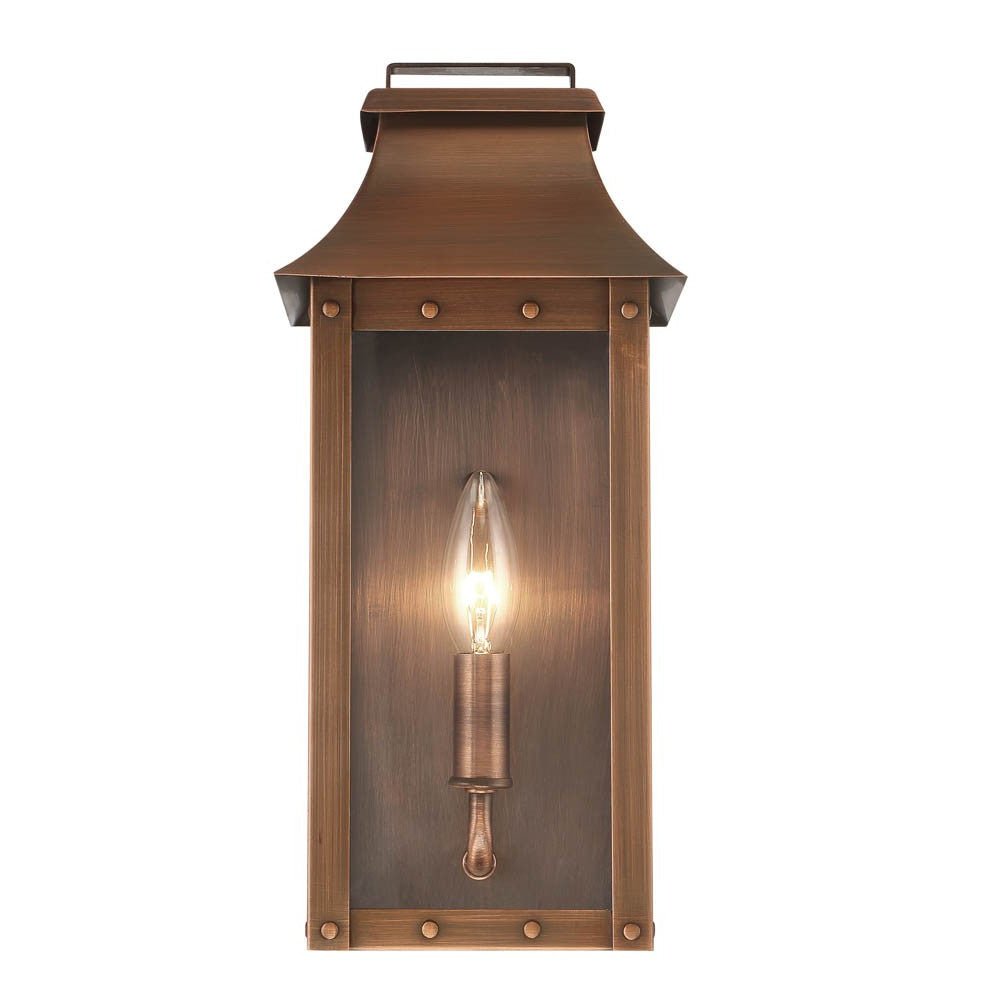 Zoomed in front view of the lighted Manchester 1-Bulb Copper Patina Pocket Wall Lantern – Rustic Outdoor Copper Lighting Fixture