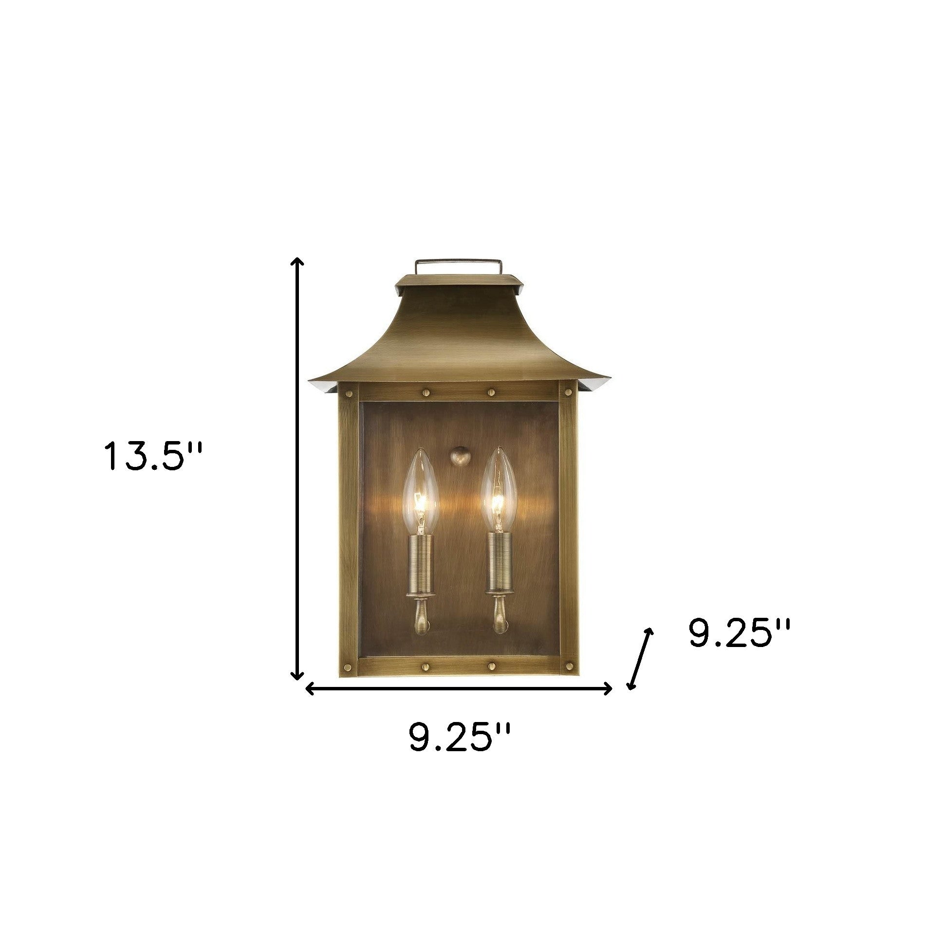 Manchester 2-Bulb Aged Brass Pocket Wall Lantern with Clear Glass – Outdoor Rustic Brass Lighting Fixture shown with dimensions of 13 point 5 inches high by 9 point 25 inches wide by 9 point 25 inches deep
