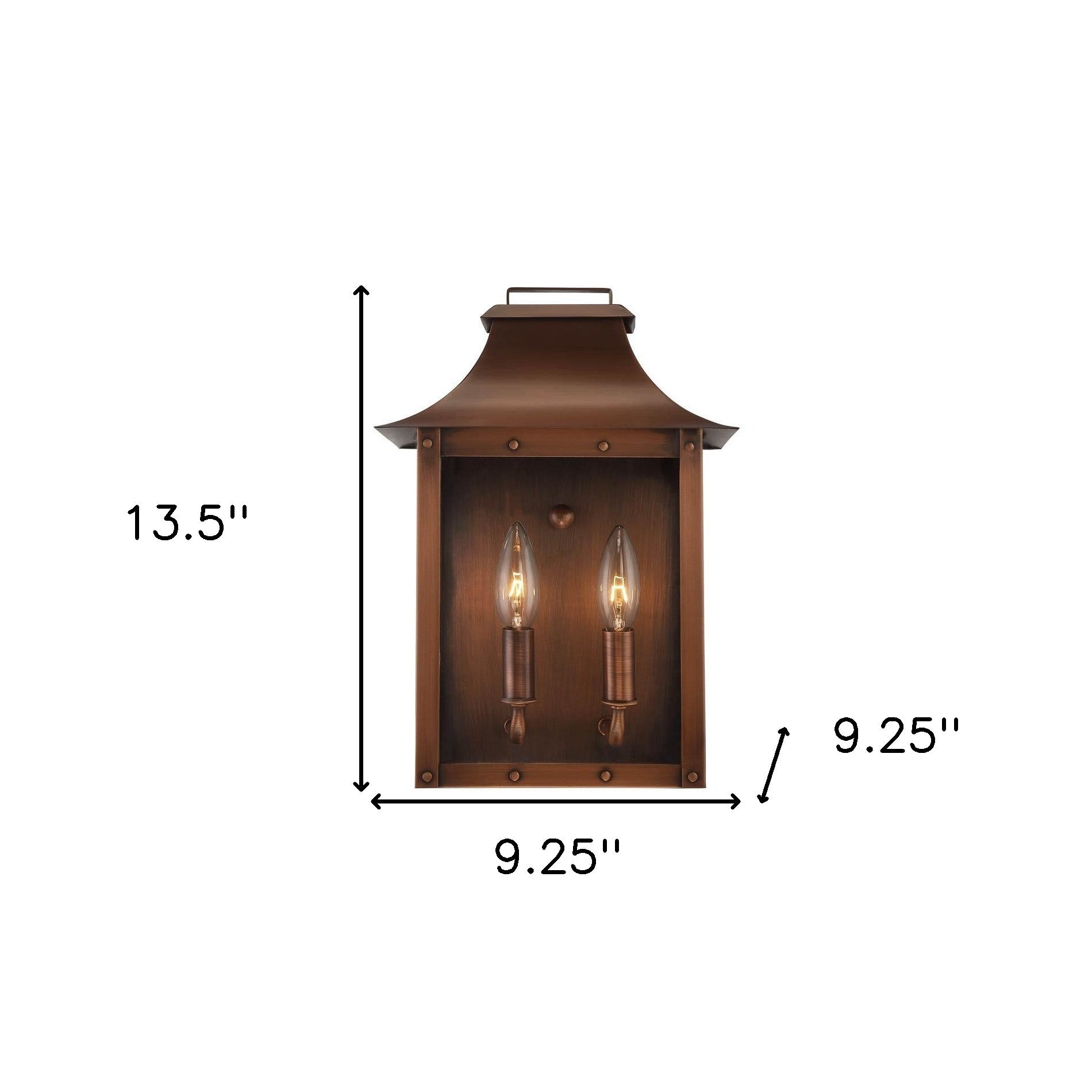 Manchester 2-Bulb Copper Patina Pocket Wall Lantern with Clear Glass – Rustic Outdoor Lighting Fixture shown with dimensions of 13 point 5inches high by 9 point 25 inches wide by 9 point 25 inches deep