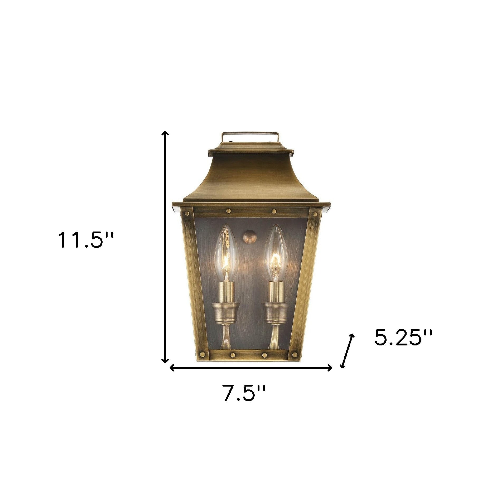 Coventry 2-Bulb Aged Brass Pocket Wall Lantern with Clear Glass – Indoor Outdoor Lighting Fixture shown with dimensions of 11 point 5 inches high by 7 point 5 inches wide by 5 point 25 inches deep