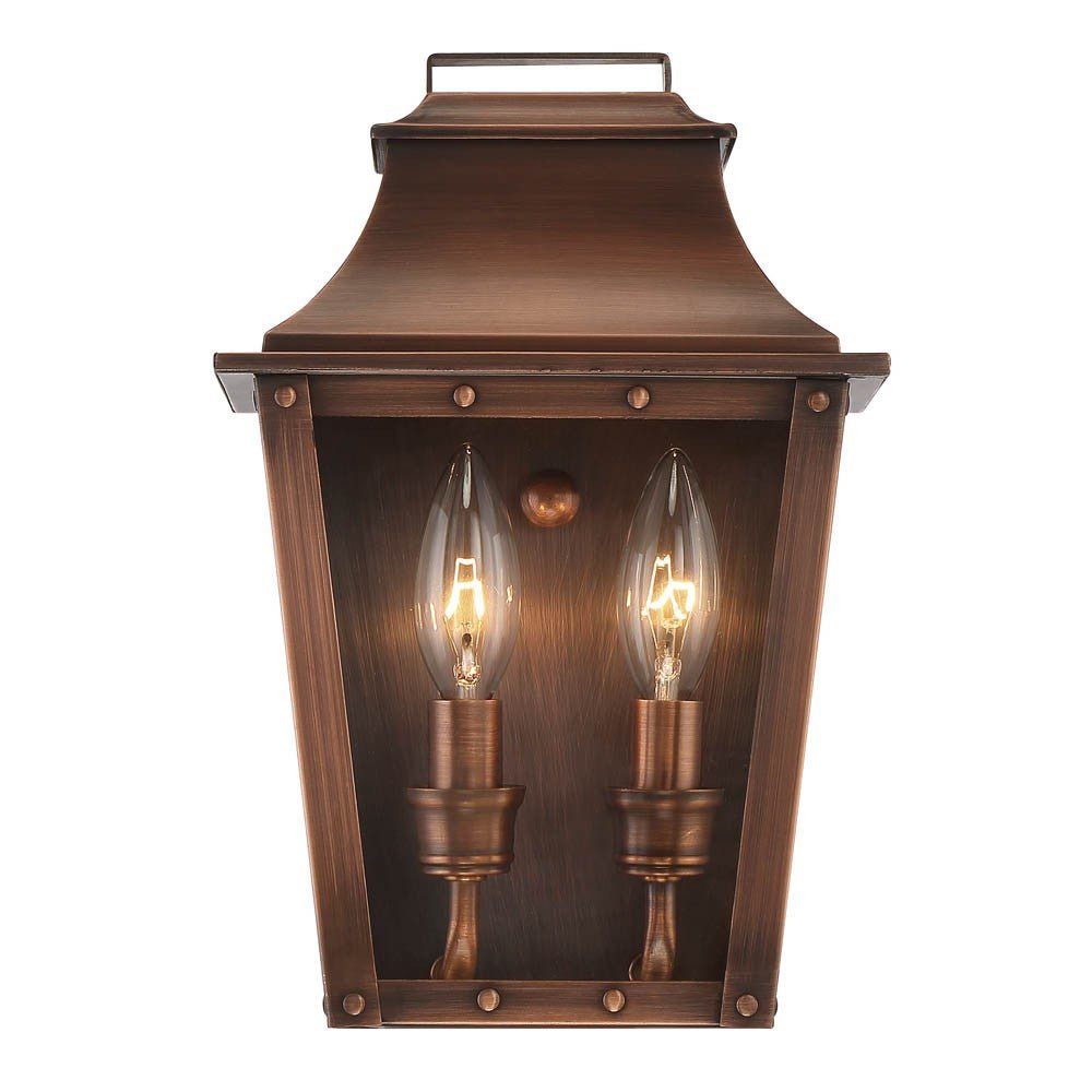 Front view of the lighted Coventry 2-Bulb Copper Patina Pocket Wall Lantern with Clear Glass – Outdoor Indoor Lighting Fixture