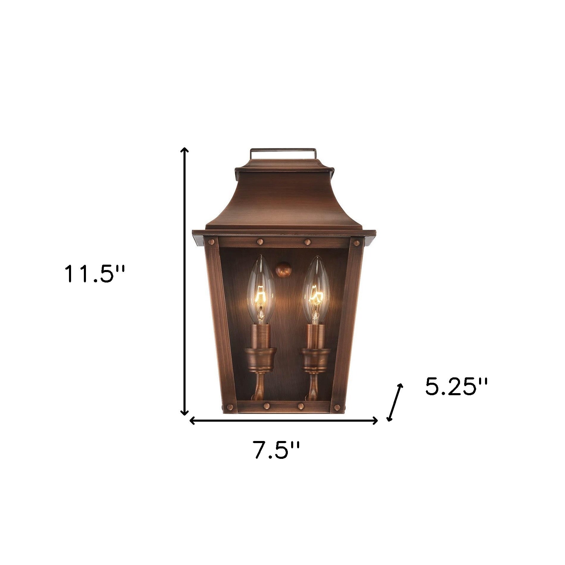 Coventry 2-Bulb Copper Patina Pocket Wall Lantern with Clear Glass – Outdoor Indoor Lighting Fixture shown with dimensions of 11 point 5 inches high by 7 point 5 inches wide by 5 point 25 inches deep