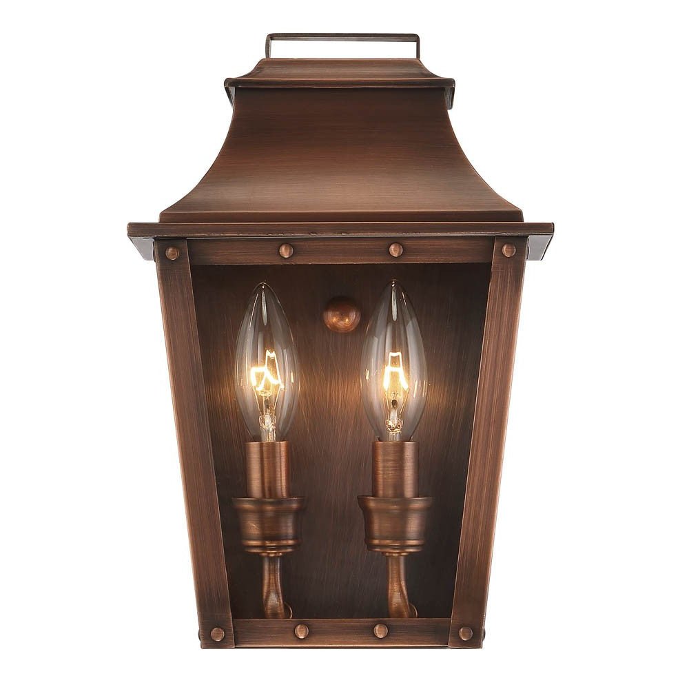 Zoomed in front view of the lighted Coventry 2-Bulb Copper Patina Pocket Wall Lantern with Clear Glass – Outdoor Indoor Lighting Fixture