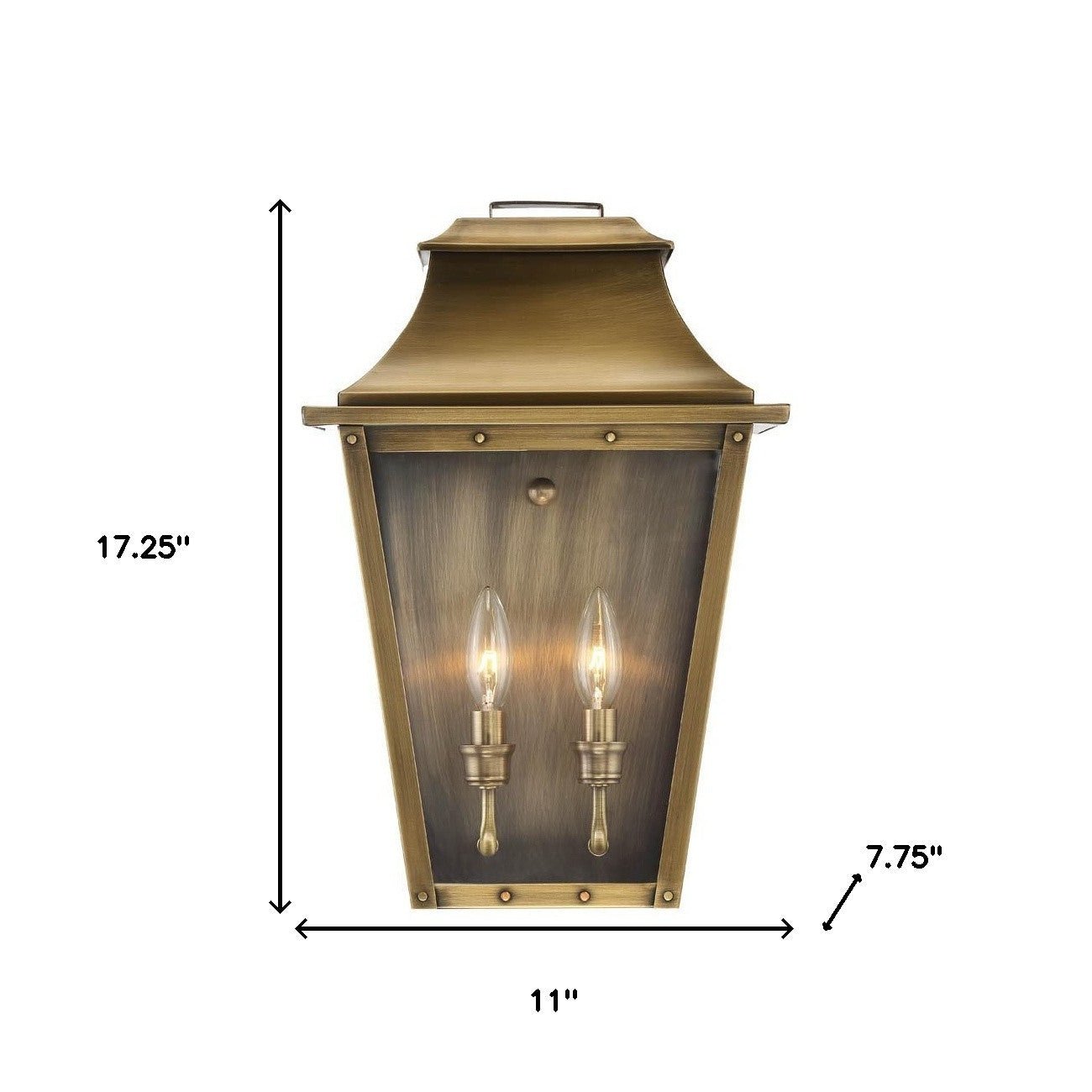 Coventry 2-Bulb Aged Brass Pocket Wall Lantern with Clear Glass Panels – Outdoor Indoor Lighting Fixture shown with dimensions of 17 point 25 inches high by 11 inches wide by 7 point 75 inches deep