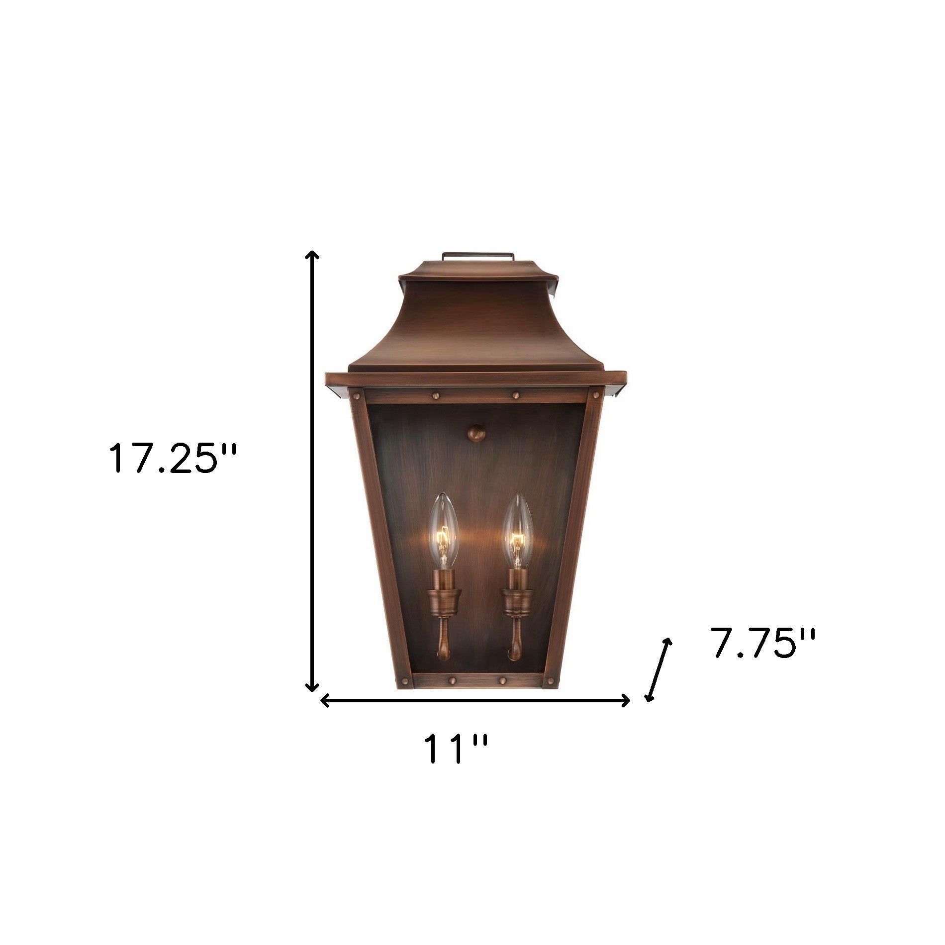 Coventry 2-Bulb Copper Patina Pocket Wall Lantern with Clear Glass Panels – Outdoor Indoor Lighting Fixture shown with dimensions of 17 point 25 inches high by 11 inches wide by 7 point 75 inches deep