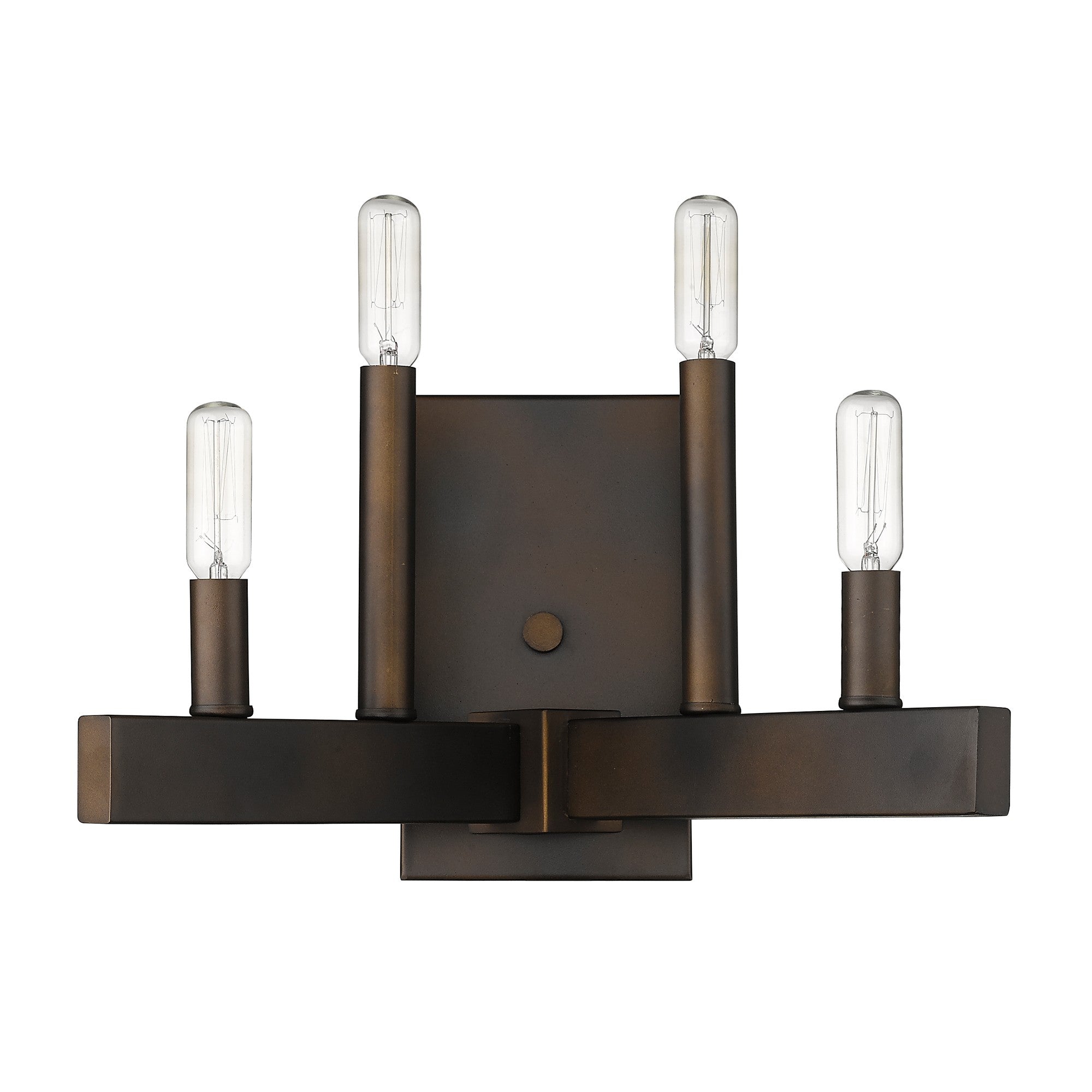 Front view of the Four Bulb Bronze Metal Vintage Wall Sconce with Angled Rods – Industrial Farmhouse Lighting