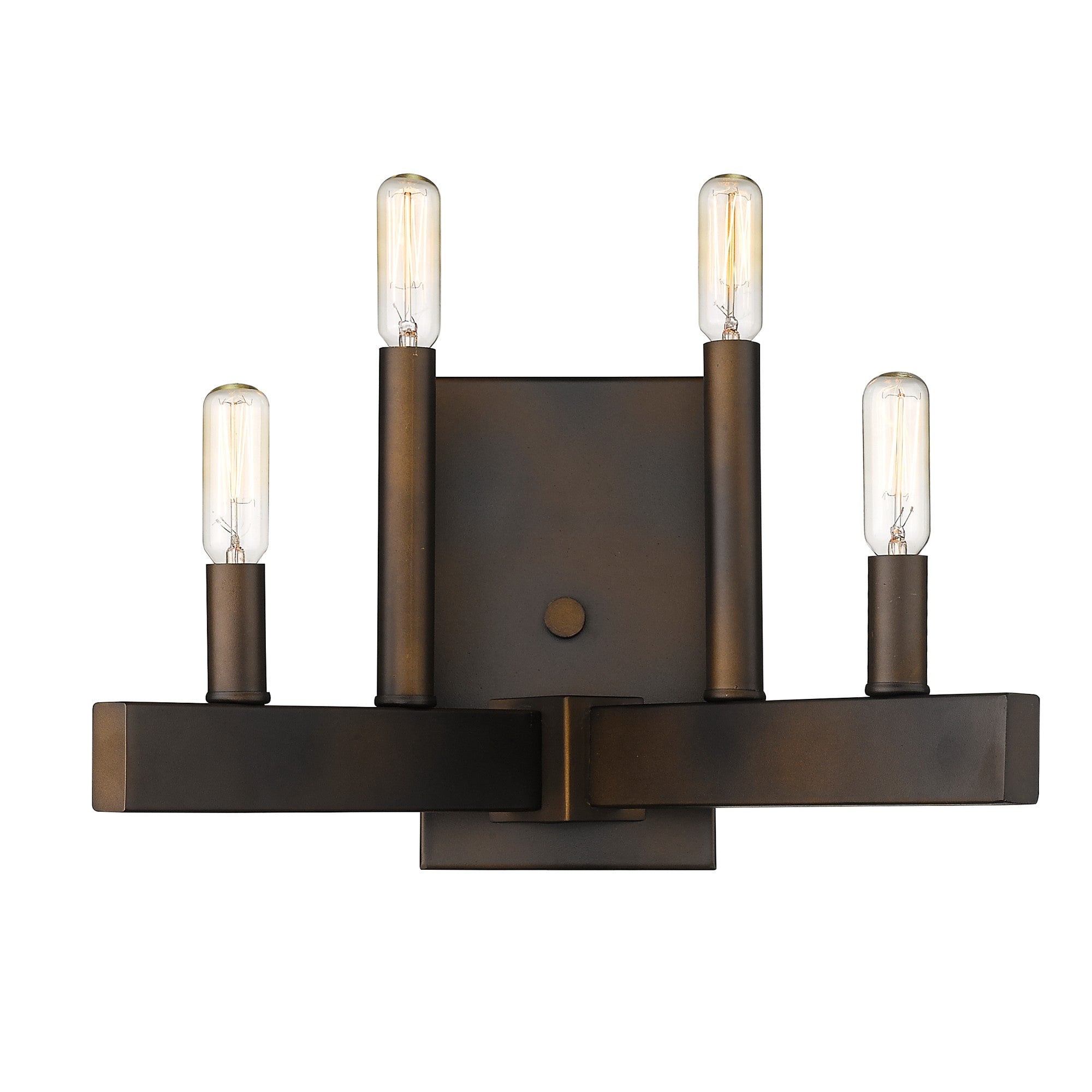 Front view of the lighted Four Bulb Bronze Metal Vintage Wall Sconce with Angled Rods – Industrial Farmhouse Lighting