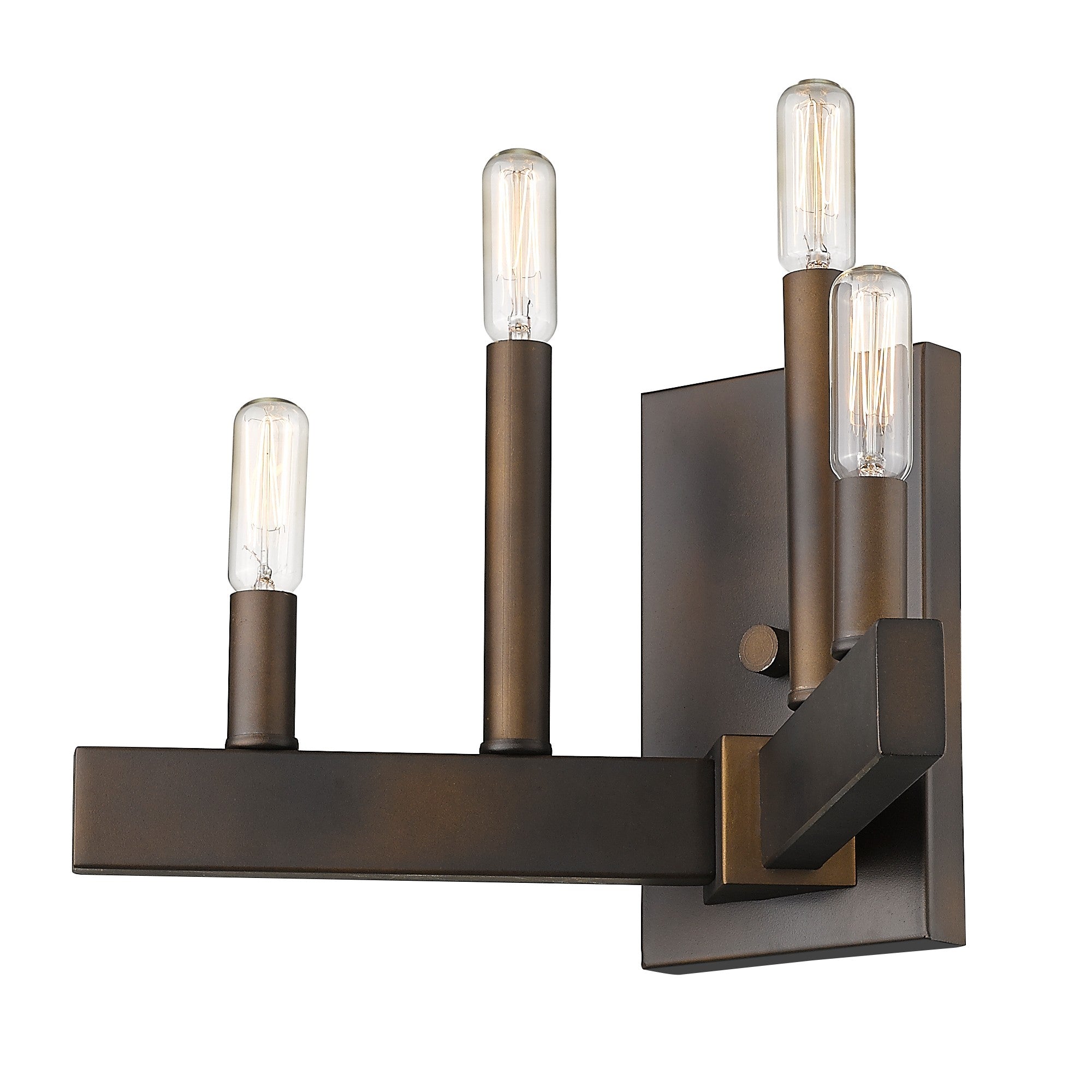 Bottom up right angle view of the lighted Four Bulb Bronze Metal Vintage Wall Sconce with Angled Rods – Industrial Farmhouse Lighting