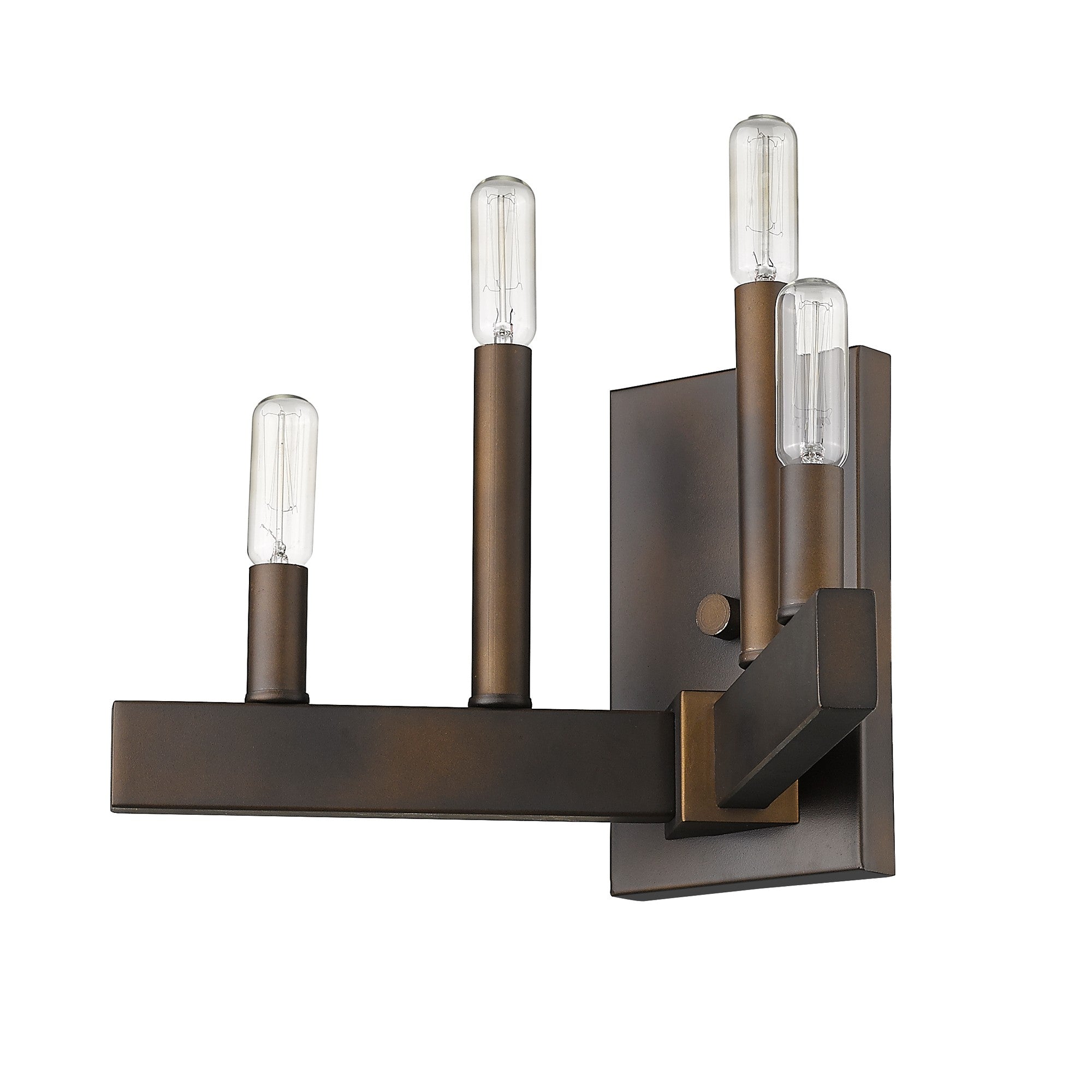 Bottom up right angle view of the Four Bulb Bronze Metal Vintage Wall Sconce with Angled Rods – Industrial Farmhouse Lighting