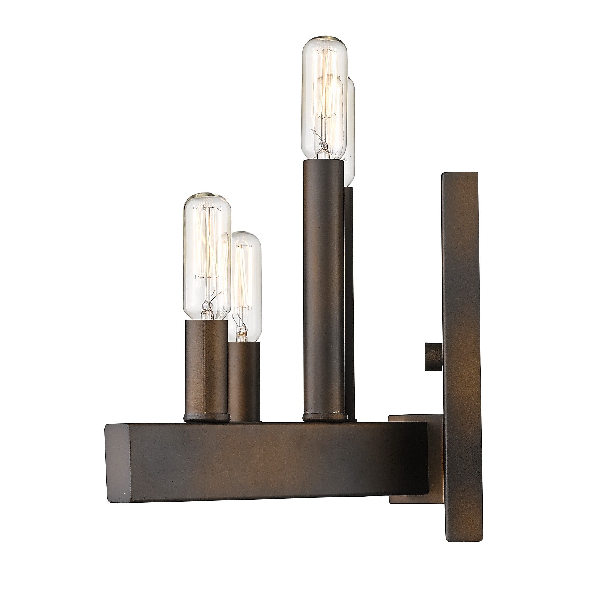 Side view of the lighted Four Bulb Bronze Metal Vintage Wall Sconce with Angled Rods – Industrial Farmhouse Lighting