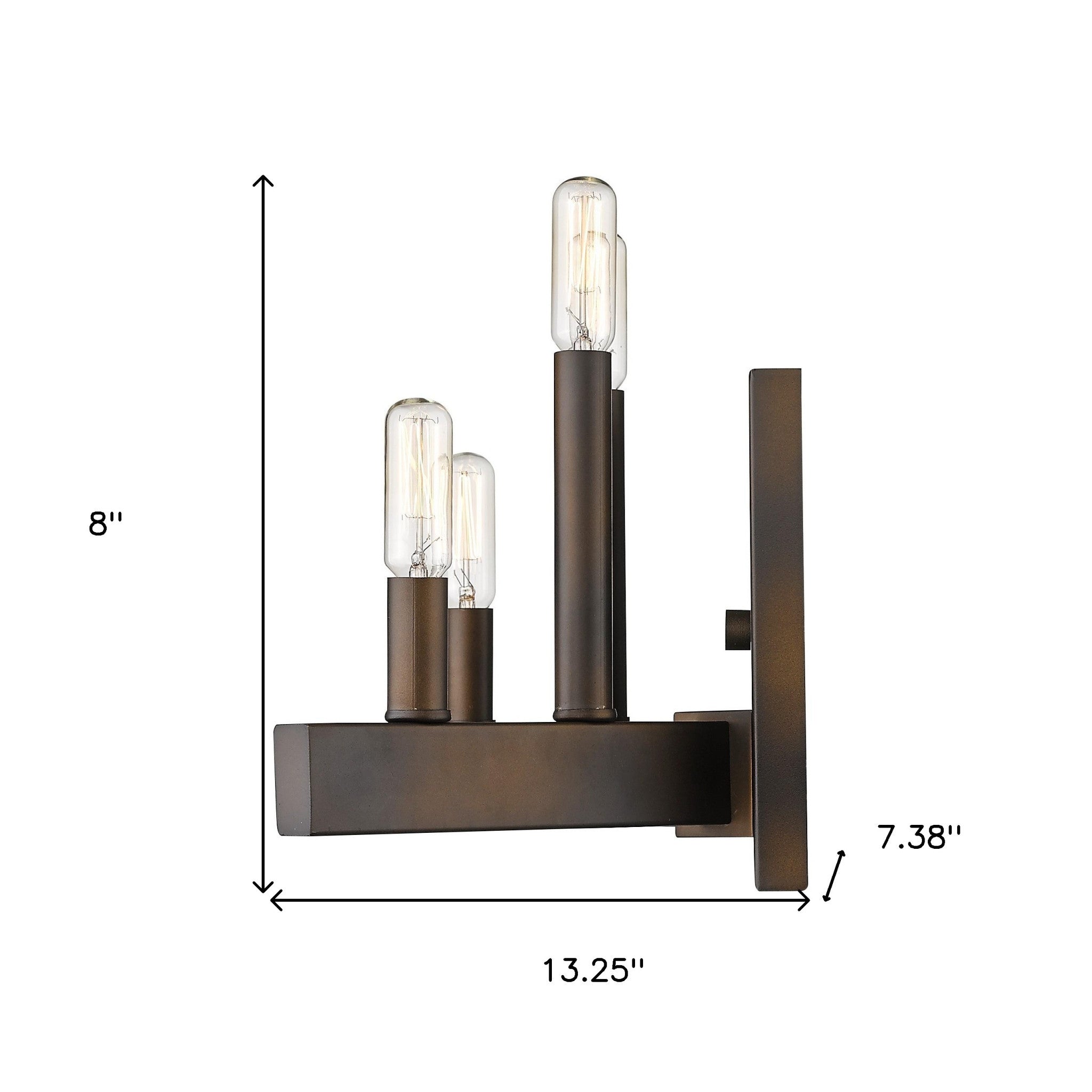 Four Bulb Bronze Metal Vintage Wall Sconce with Angled Rods – Industrial Farmhouse Lighting shown with dimensions of 8 inches high by 13 point 25 inches wide by 7 point 38 inches deep