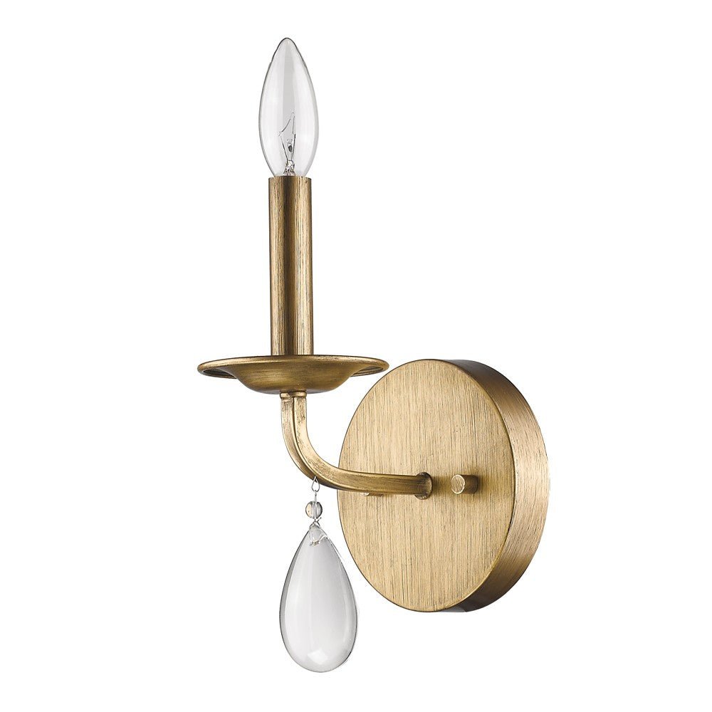 Front right angle view of the Light Gold Wall Sconce with Crystal Teardrop Accent – Vintage Style Lighting