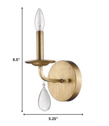 Light Gold Wall Sconce with Crystal Teardrop Accent – Vintage Style Lighting shown with dimensions of 8 point 5 inches high by 5 point 25 inches wide