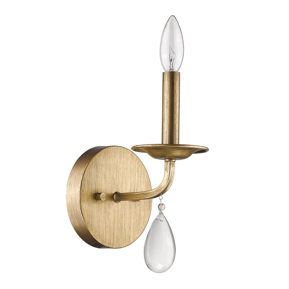 Front left angle view of the Light Gold Wall Sconce with Crystal Teardrop Accent – Vintage Style Lighting
