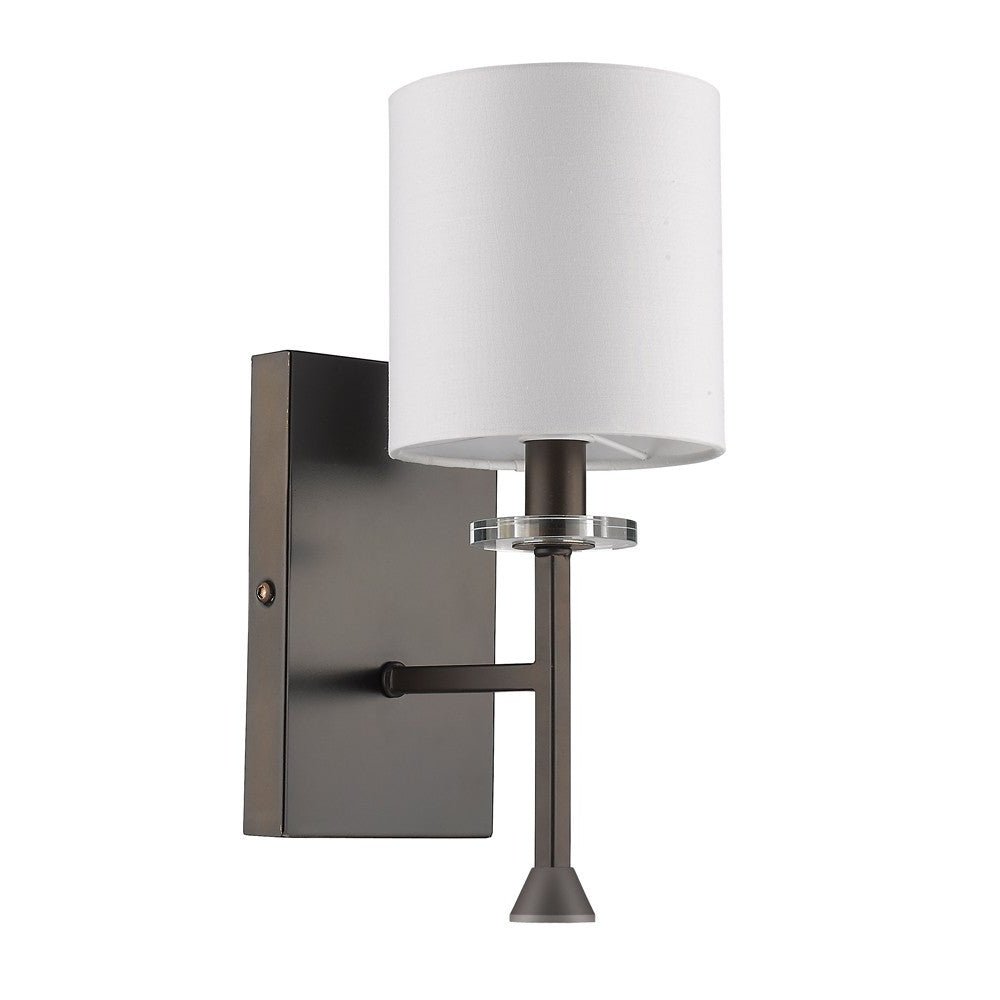 Front left angle view of the Minimalist Bronze Wall Sconce with White Fabric Shade and Crystal Bobeche Accent