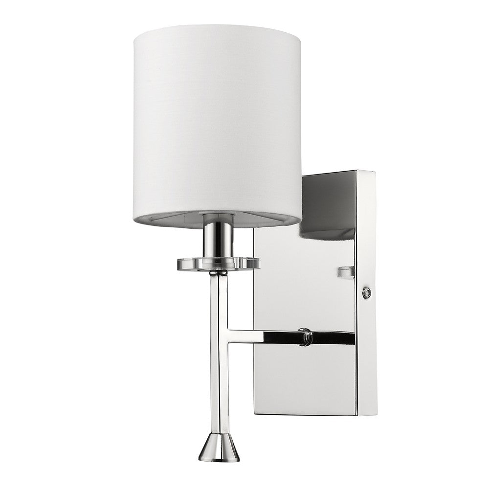Front right angle view of the Minimalist Silver Wall Sconce with White Fabric Shade and Crystal Bobeche Accent