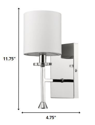 Minimalist Silver Wall Sconce with White Fabric Shade and Crystal Bobeche Accent shown with dimensions of 11 point 75 inches high by 4 point 75 inches wide