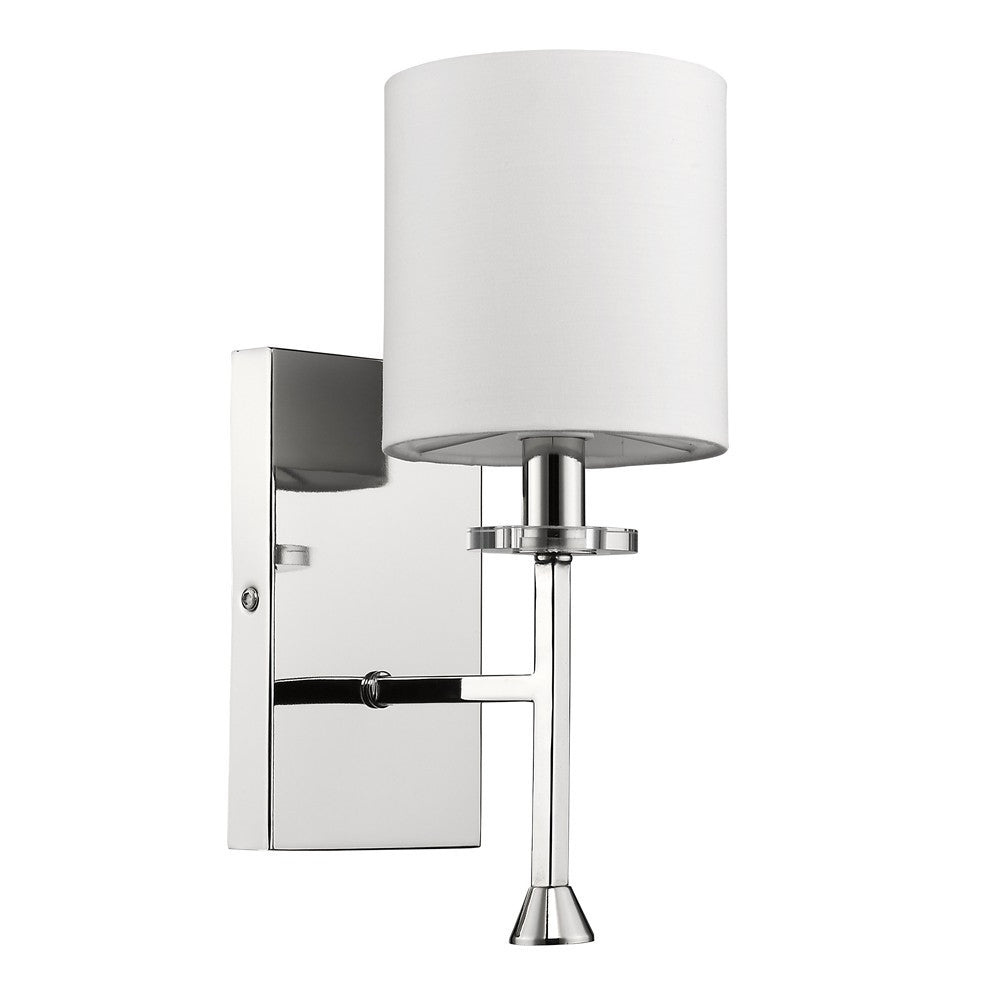 Front left angle view of the Minimalist Silver Wall Sconce with White Fabric Shade and Crystal Bobeche Accent