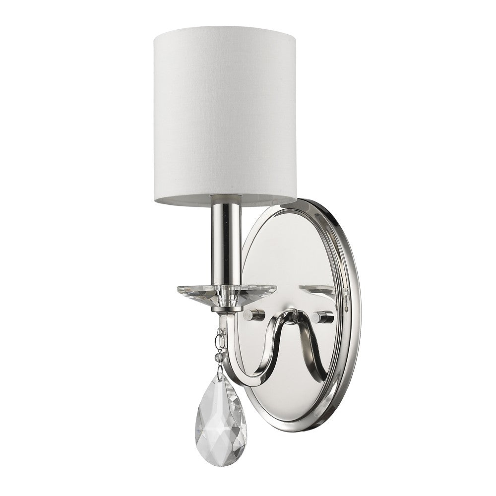 Front right angle view of the Silver Wall Sconce with White Fabric Shade and Crystal Teardrop Accent – Elegant Lighting