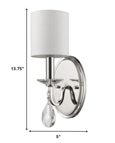 Silver Wall Sconce with White Fabric Shade and Crystal Teardrop Accent – Elegant Lighting shown with dimensions of 13 point 75 inches high by 5 inches wide