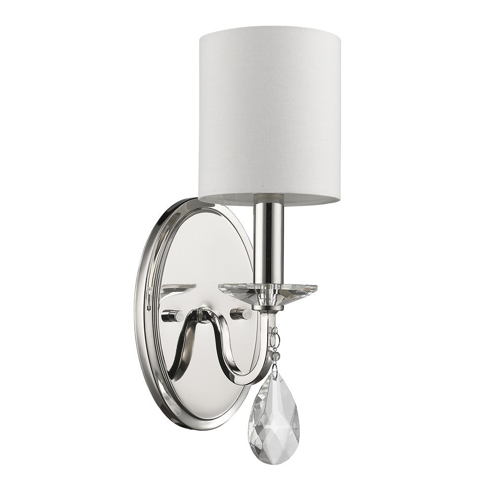 Front left angle view of the Silver Wall Sconce with White Fabric Shade and Crystal Teardrop Accent – Elegant Lighting