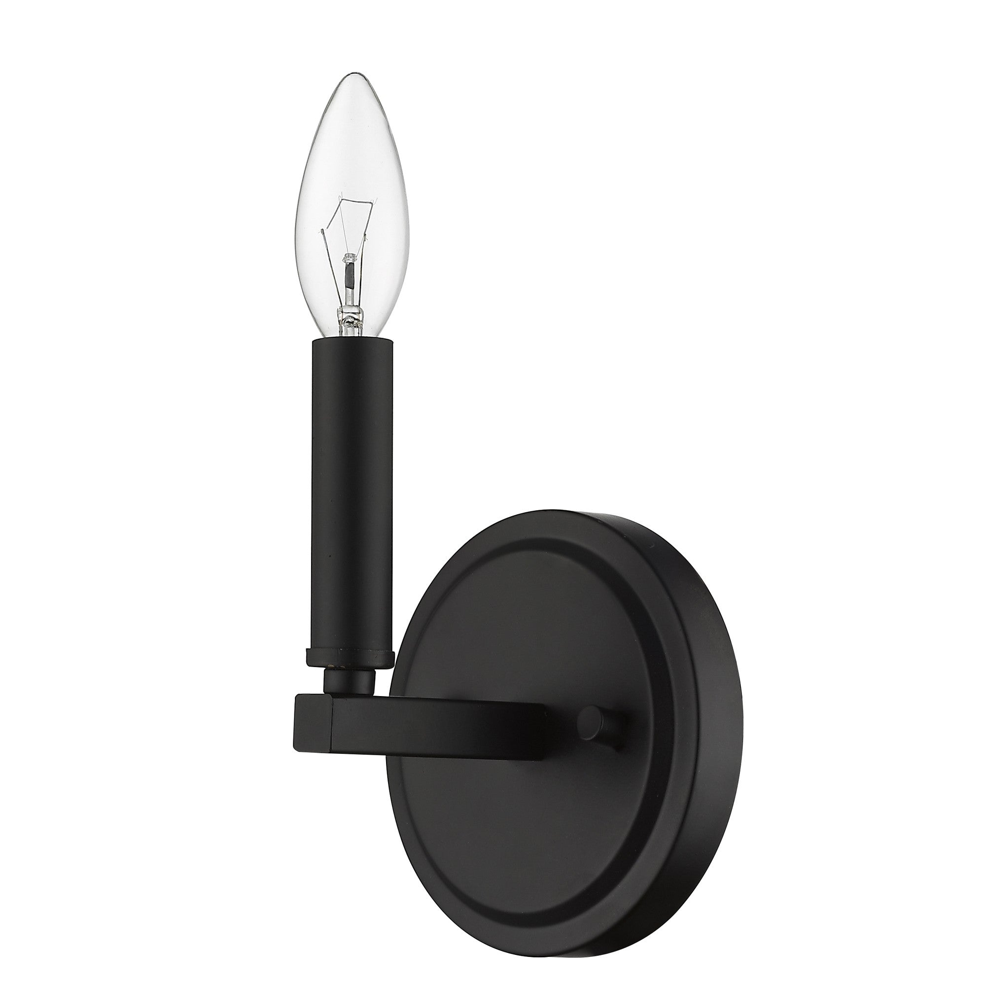 Front right angle view of the One-Light Matte Black Wall Sconce – modern minimalist black wall light fixture with candelabra bulb