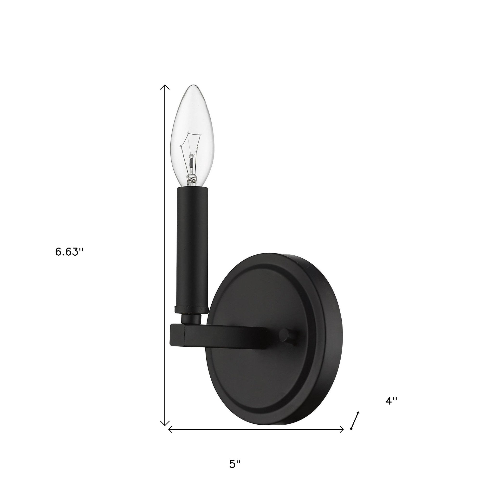 One-Light Matte Black Wall Sconce – modern minimalist black wall light fixture shown with dimensions of 6 point 63 inches high by 5 inches wide by 4 inches deep