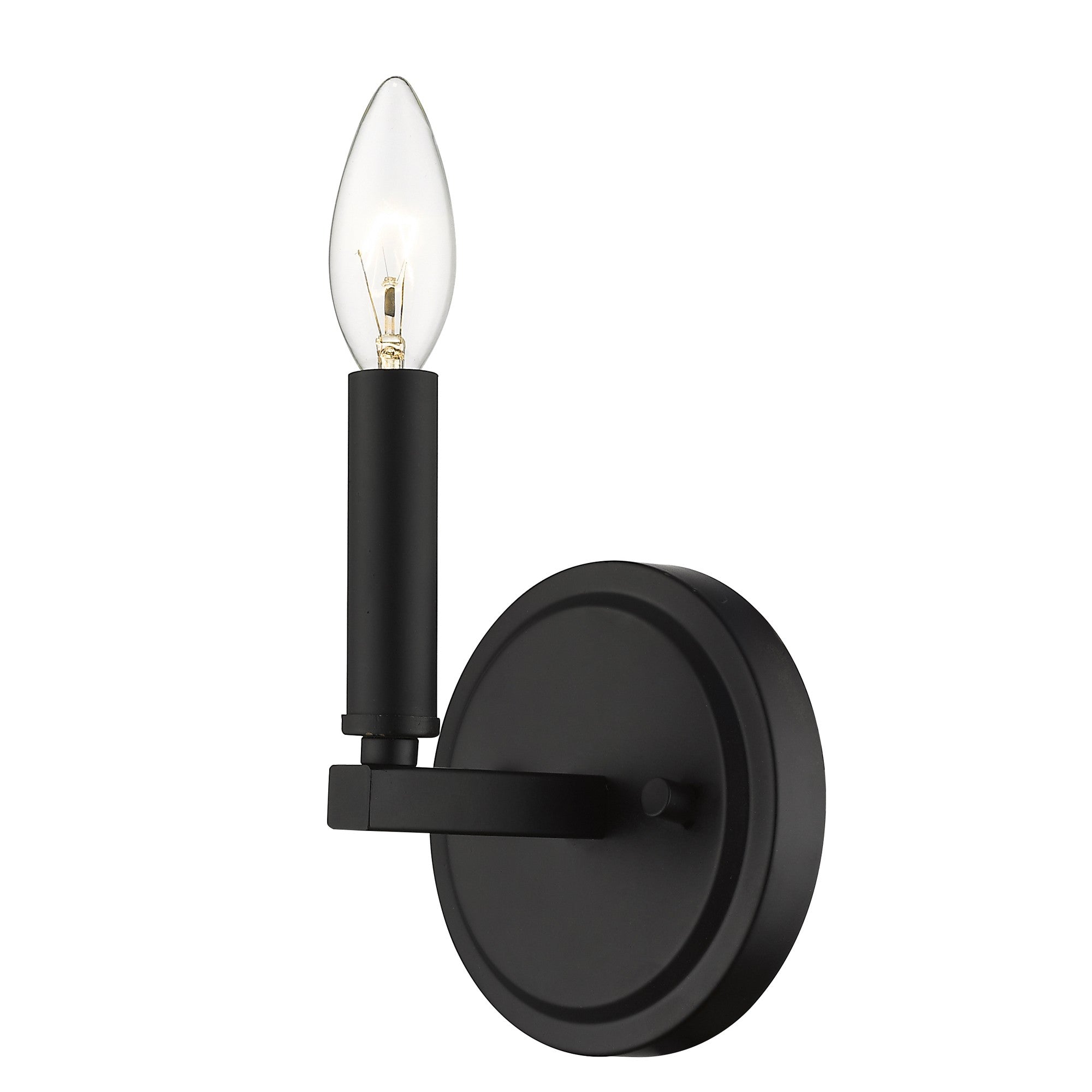 Front right angle view of the lighted One-Light Matte Black Wall Sconce – modern minimalist black wall light fixture with candelabra bulb