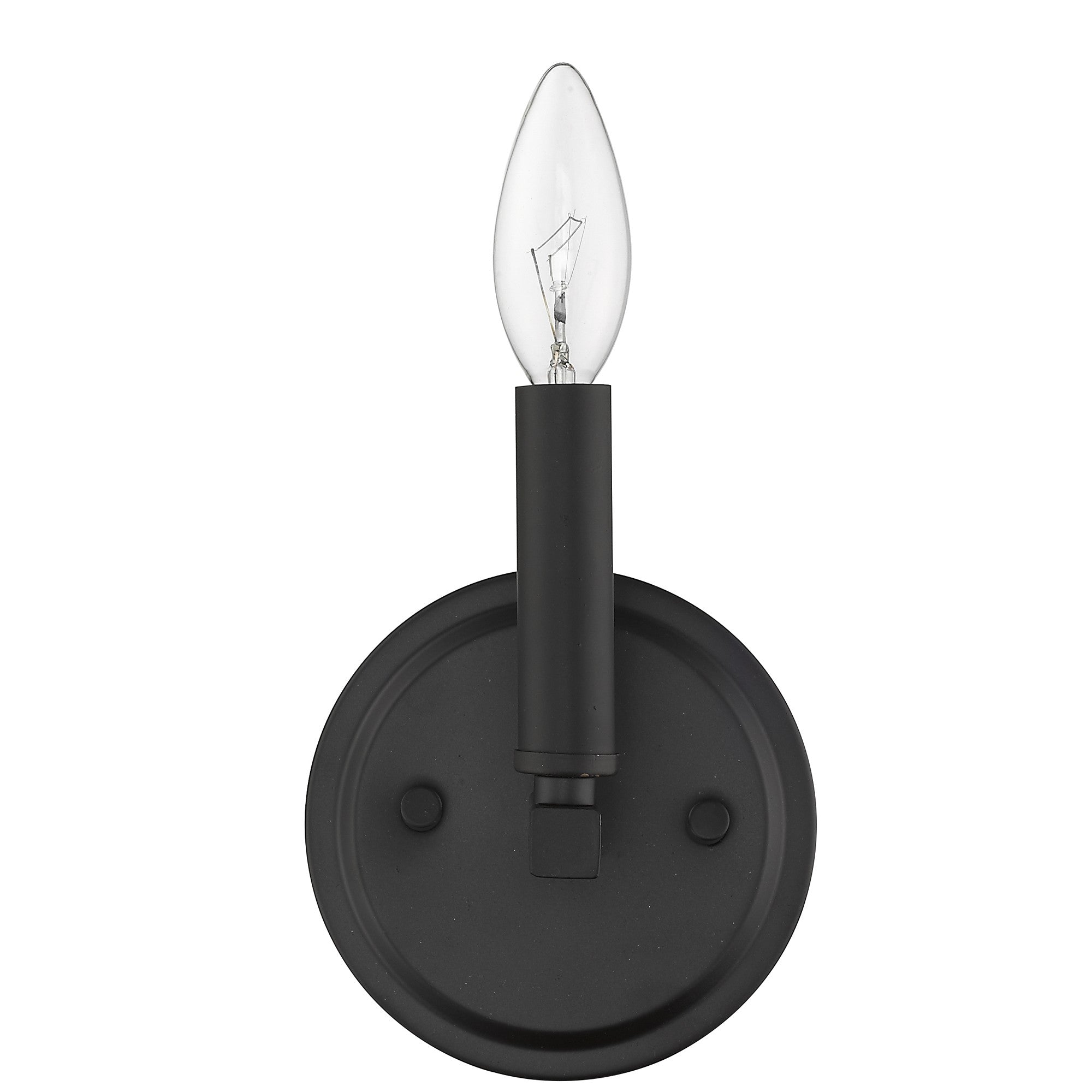 Front view of the One-Light Matte Black Wall Sconce – modern minimalist black wall light fixture with candelabra bulb
